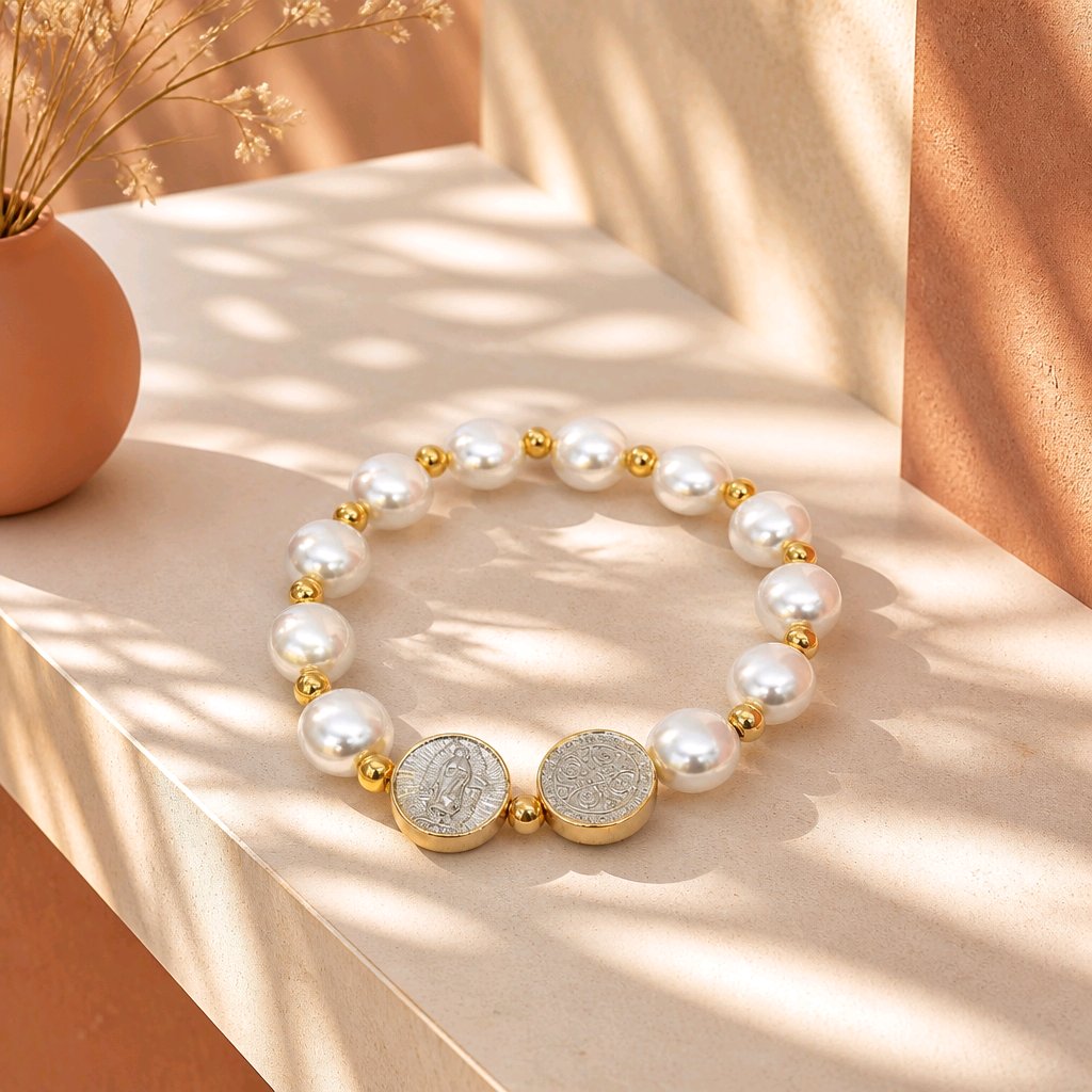 Pulsera perla dije religioso 2 oros
