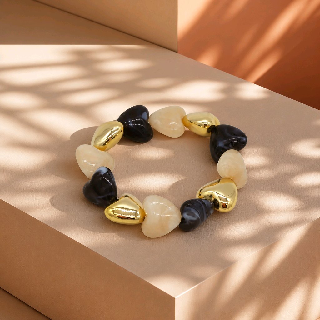 Pulsera resina corazones beige y negro