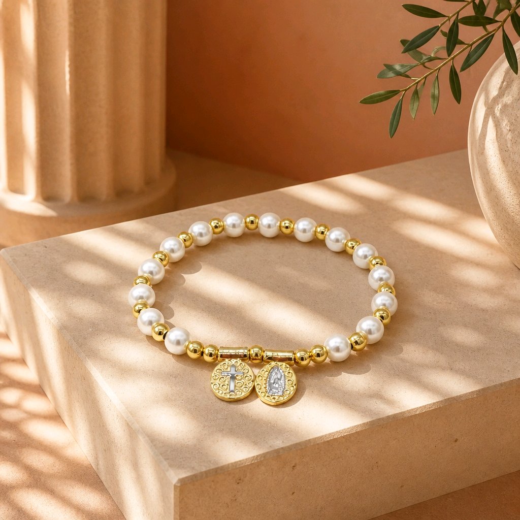 Pulsera perla virgen cruz 2 oros