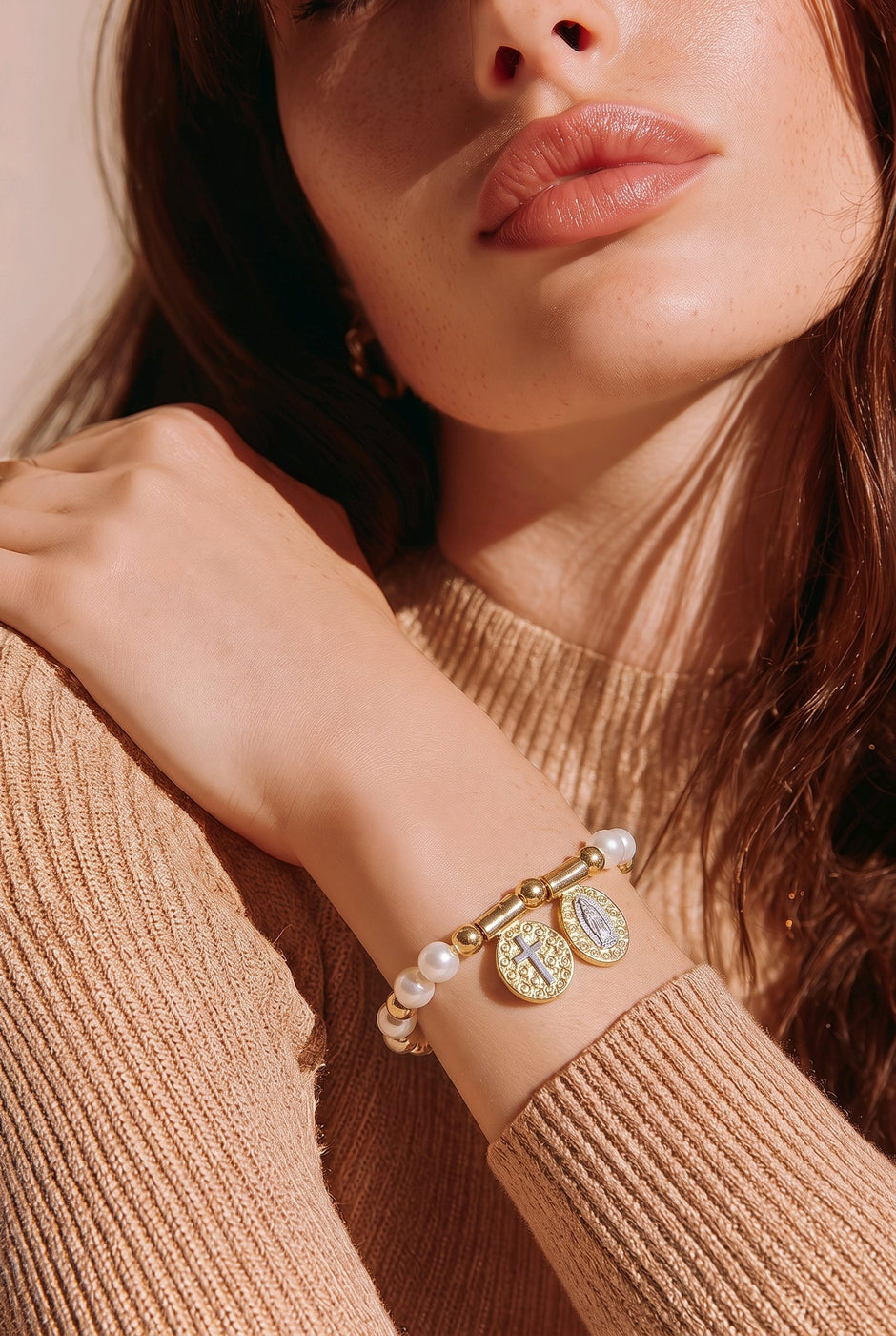 Pulsera perla virgen cruz 2 oros