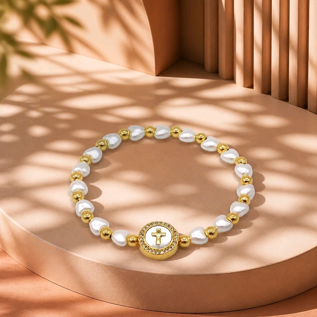 Pulsera perla dije nacar cruz