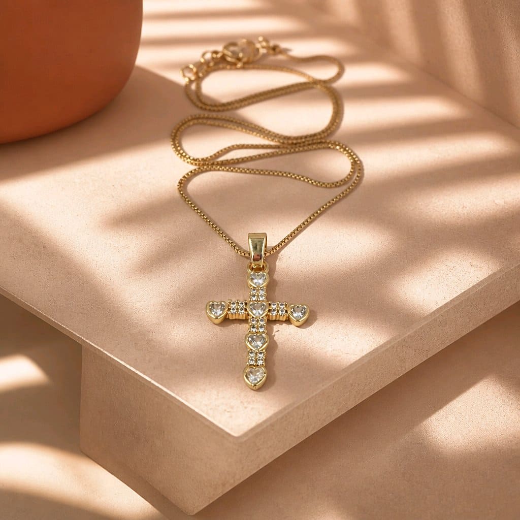 Collar rodio cruz corazones