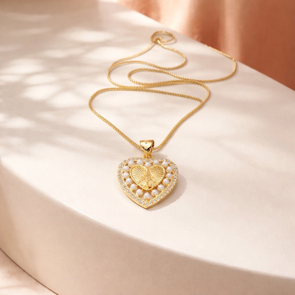 Collar rodio corazon perla