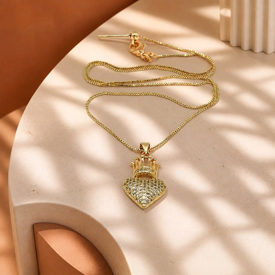 Collar rodio corazón corona