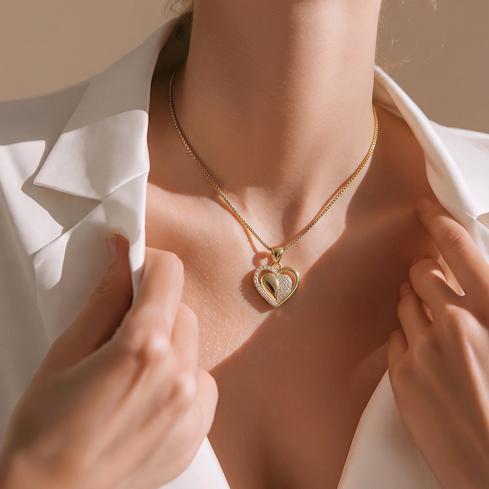 Collar rodio corazón doble zircón