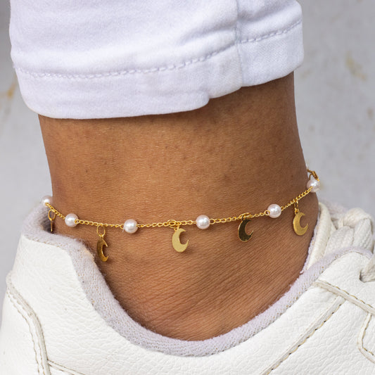 Tobillera perlas lunas