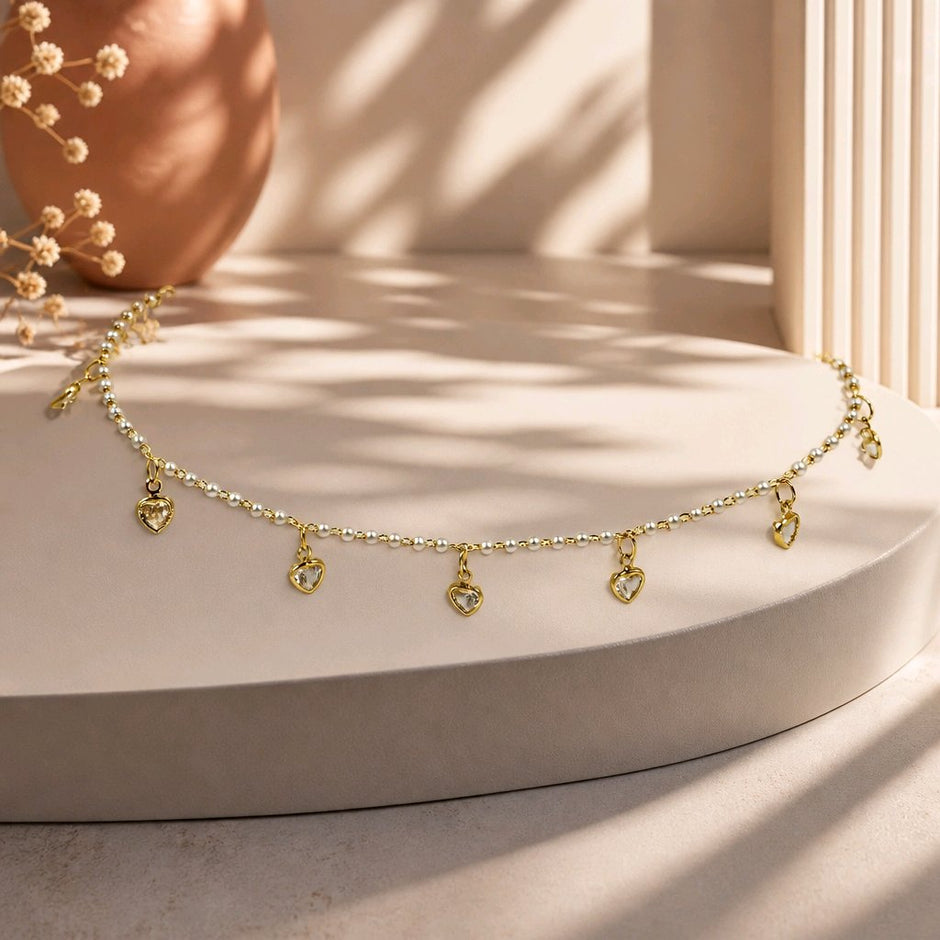 Tobillera mini perlas corazones cristal